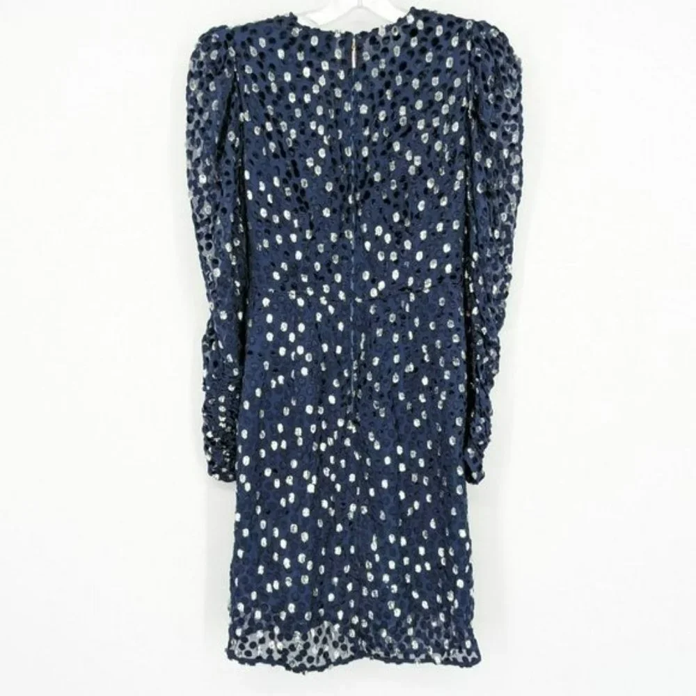 Kate Spade Scatter Dot Dress 6 Navy Silver Faux Wrap Ruffle Velvet Long Sleeve